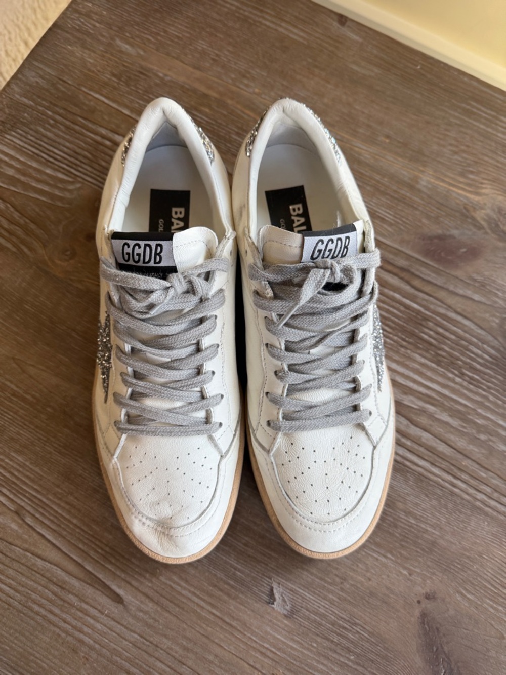 Golden Goose White Leather Sneakers with Silver Glitter Heel and Star